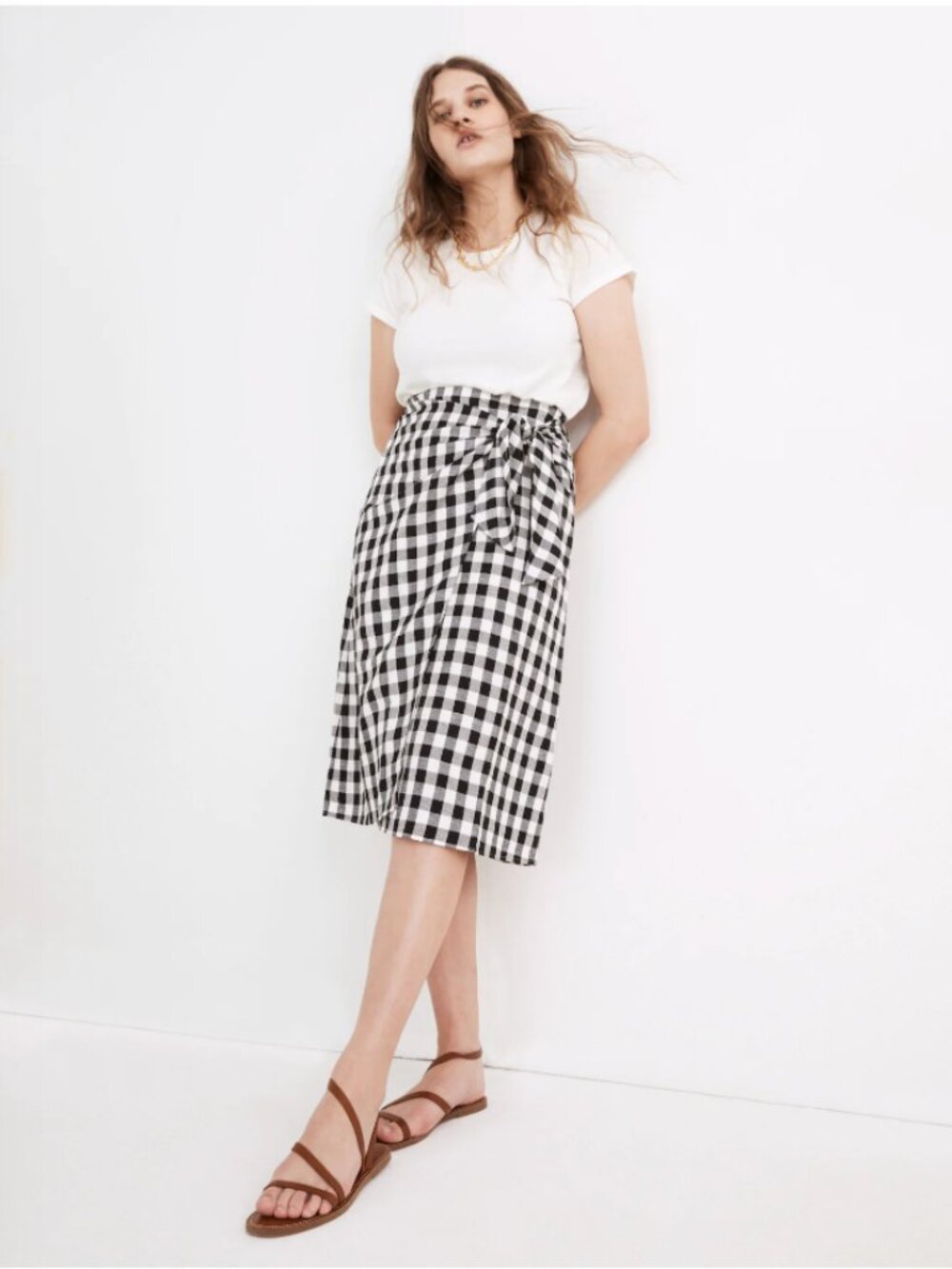 Madewell Sarong Faux-Wrap Midi Skirt in Gingham Check | Size 8